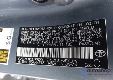 2020 Toyota Corolla Le из США, поврежденный, VIN JTDEPRAE5LJ114185